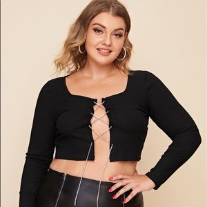 Rhinestone Chain Black Front Lace Up Top